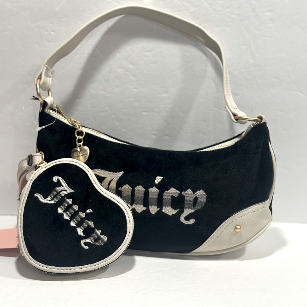 Juicy Couture Black Velour with Logo Shoulder Bag With Matching Heart Zip Wallet
